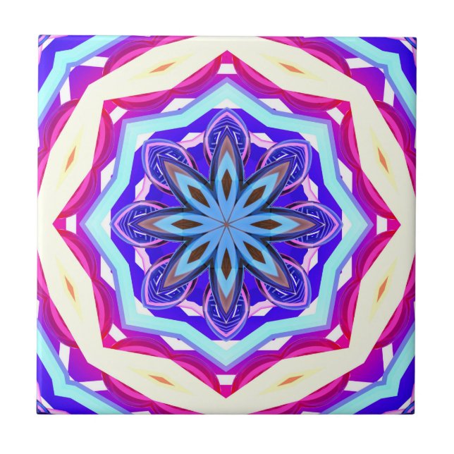 Azulejo De Cerâmica círculo mandala azul/rosa/púrpura (Frente)