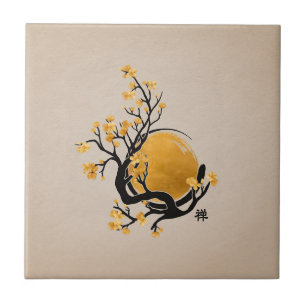Azulejo De Cerâmica Círculo Zen Enso, Sol Ouro e Flor Sakura