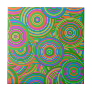 Azulejo De Cerâmica Círculos abstratos em mod retro, verde e laranja-v