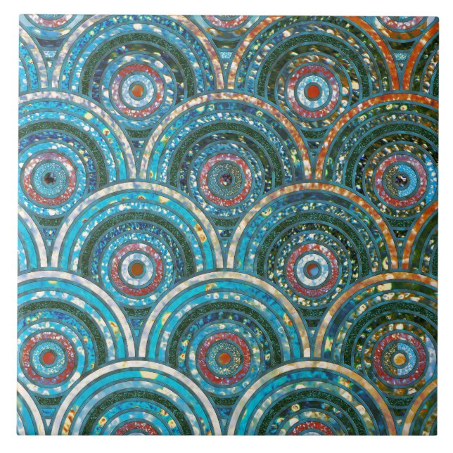 Azulejo De Cerâmica Círculos de Largura de Folha Metálica de Luxo Aqua (Frente)