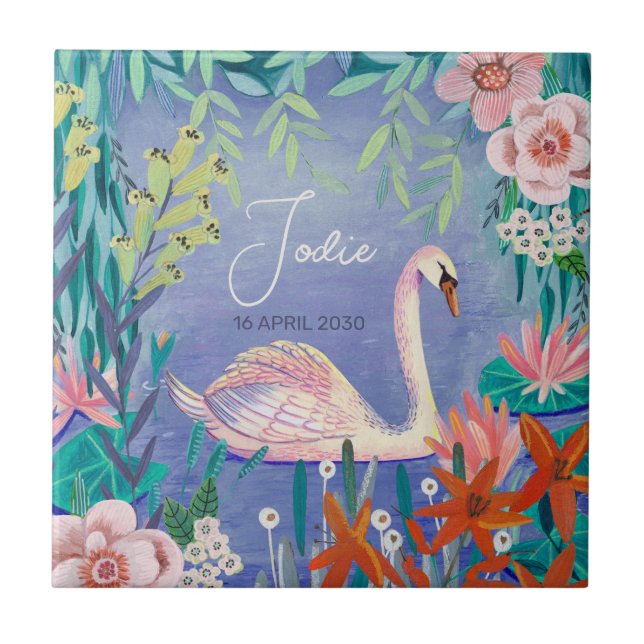 Azulejo De Cerâmica Cisne Bonito Elegante Azul e Rosa Churrasco de Beb (Frente)