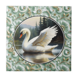 Azulejo De Cerâmica Cisne Desliza Graciosamente no Lago