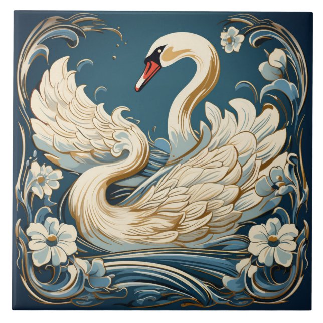 Azulejo De Cerâmica Cisne e flores, fundo azul (Frente)