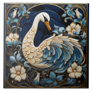 Azulejo De Cerâmica Cisne-ornamentado, azul e branco, pássaro e flores