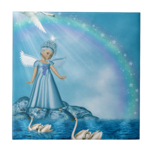 Azulejo De Cerâmica Cisnes Brancas E Anjo