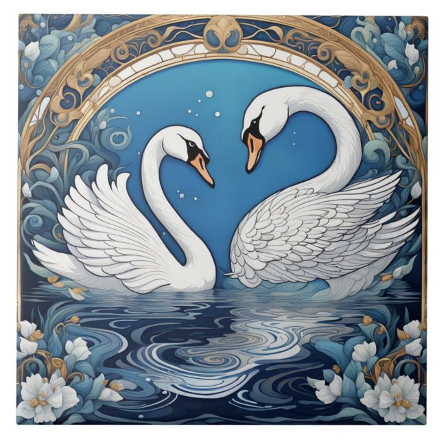 Azulejo De Cerâmica Cisnes brancas no lago Art Nouveau Bird Art Deco B (Frente)