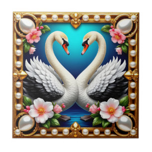 Azulejo De Cerâmica Cisnes de Casamento Moldura Dourada Arte Floral Ro