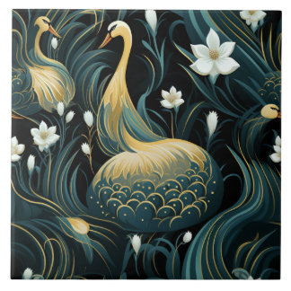 Azulejo De Cerâmica Cisnes Douradas, Flores Brancas, Influência Arte C