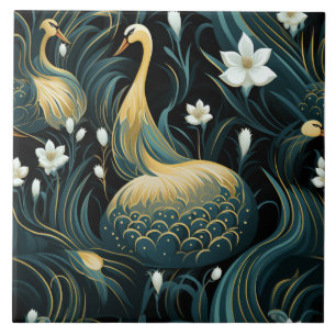 Azulejo De Cerâmica Cisnes Dourados Inspirados Aves e Flores Brancas