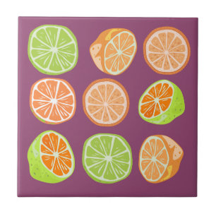 Azulejo De Cerâmica Citrinos coloridos adoráveis l Laranja Verde Roxo