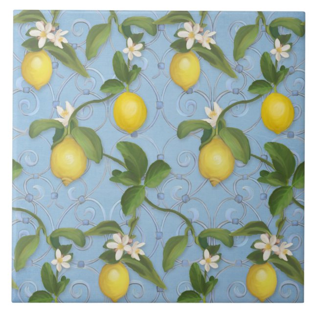 Azulejo De Cerâmica Citrus Lemon Floral Dusty Blue Greenery Padrão (Frente)