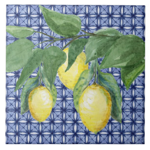 Azulejo De Cerâmica Citrus Lemon Watercolor Foliage Marinho Azul
