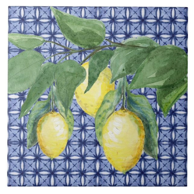 Azulejo De Cerâmica Citrus Lemon Watercolor Foliage Marinho Azul (Frente)