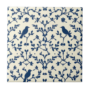 Azulejo De Cerâmica Classic Azul Marinho Silhueta de Pássaro Damask To