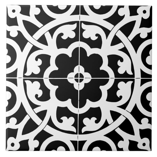 Azulejo De Cerâmica Classic Flower Line Art Floral Black & White (Frente)