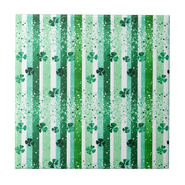 Azulejo De Cerâmica Classic Green White Vertical Stripes Shamrocks (Frente)
