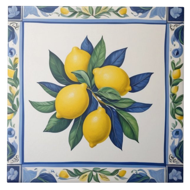 Azulejo De Cerâmica Classic Lemons Blue Green Yellow White Traditional (Frente)
