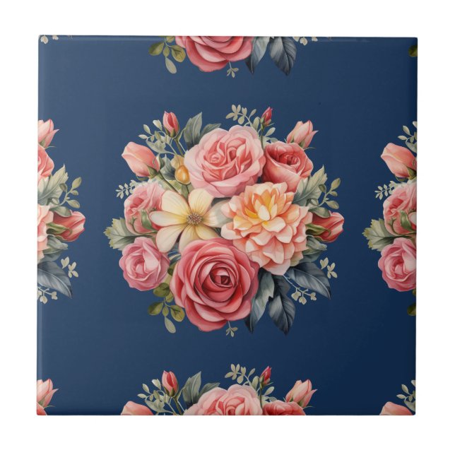 Azulejo De Cerâmica Classic Pink Roses Floral on a Blue Background (Frente)