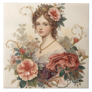 Azulejo De Cerâmica Clássica, Bela Nobre com Ornamento de Rosas
