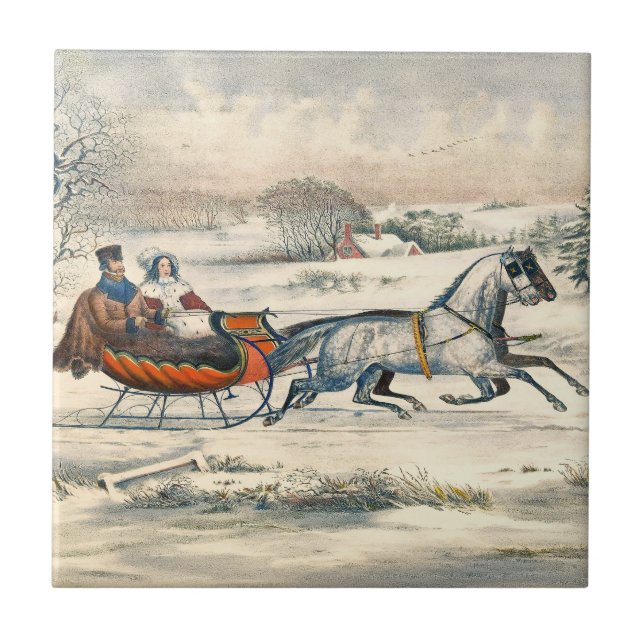 Azulejo De Cerâmica Clássico Passeio de Trenó de 1853 Currier Ives Est (Frente)