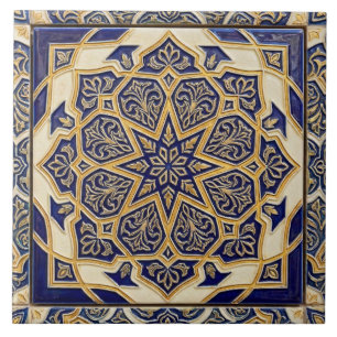Azulejo De Cerâmica Clássico Talavera Mediterrâneo Cobalto Azul e Dour