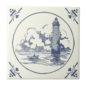 Azulejo De Cerâmica Clássico Vintage Blue Sea Boat Lighthouse na Costa