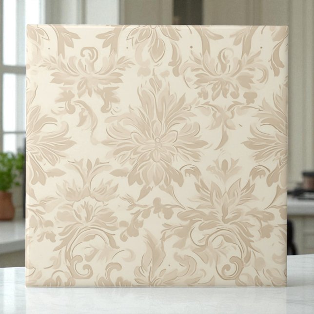 Azulejo De Cerâmica Classy Simple Floral Damask Soft Beige (Criador carregado)