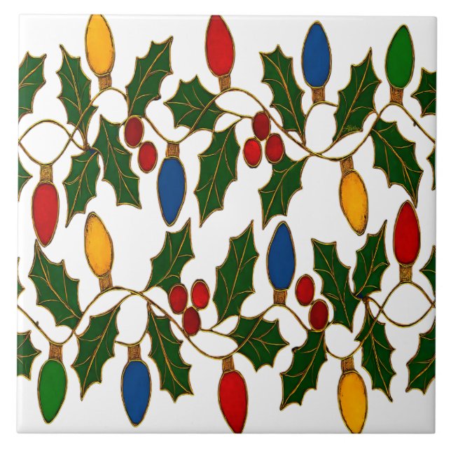 Azulejo De Cerâmica Cloisonne Art Christmas Lights and Holly (Frente)