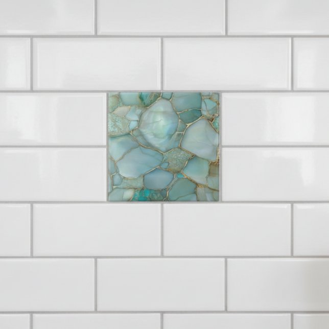 Azulejo De Cerâmica Coastal Aqua Agate Gold Mosaic (Criador carregado)