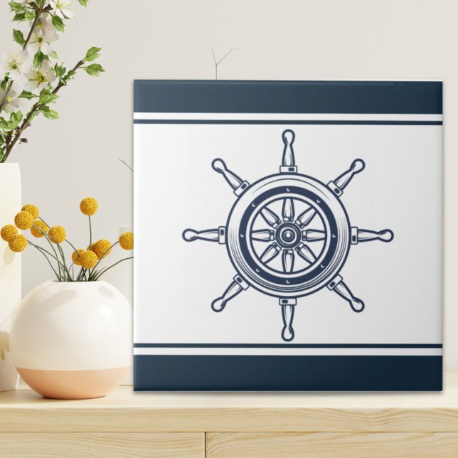 Azulejo De Cerâmica Coastal Blue Beach House Náutica (Coastal Blue Beach House Boat Ship Helm Nautical Ceramic Tile)