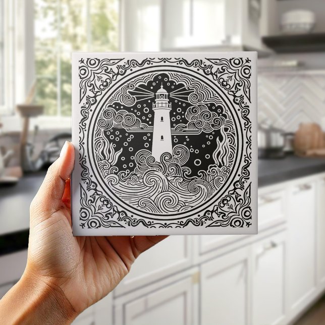 Azulejo De Cerâmica Coastal Life Series Lighthouse B & W D1208 (Criador carregado)