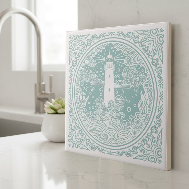 Azulejo De Cerâmica Coastal Life Series Lighthouse Teal D1208 (Criador carregado)