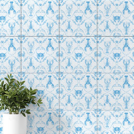 Azulejo De Cerâmica Coastal Preppy Lobster and Crabs in Light Blue