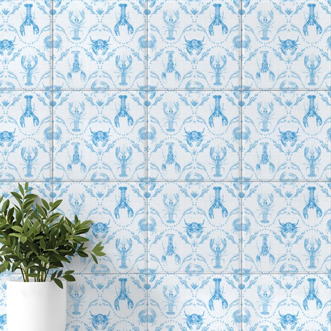 Azulejo De Cerâmica Coastal Preppy Lobster and Crabs in Light Blue (Coastal Preppy Lobster and Crabs in Light Blue Ceramic Tile)