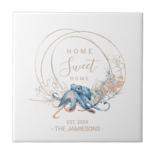 Azulejo De Cerâmica Coastar Home Blue Watercolor Octopus nome personal
