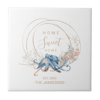 Azulejo De Cerâmica Coastar Home Blue Watercolor Octopus nome personal