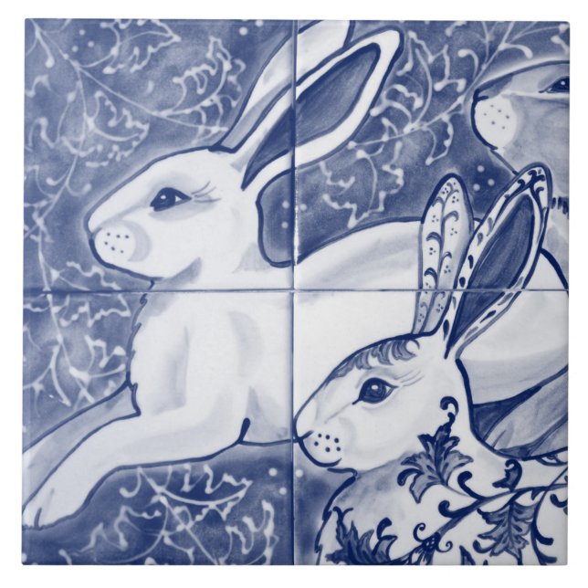 Azulejo De Cerâmica Cobalto Blue Rabbit Chinoiserie Dedham Delft Marin (Frente)