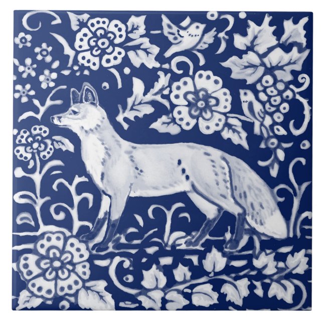 Azulejo De Cerâmica Cobalto Marinho Azul Cobalto Fox Woodland Floral M (Frente)