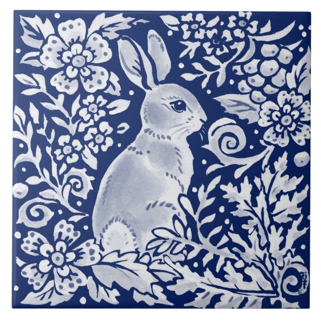 Azulejo De Cerâmica Cobalto Marinho Azul Rabbit Woodland Delft Dedham (Frente)