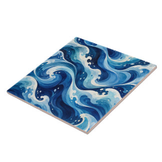Azulejo De Cerâmica Cobertura Costeira Abstrata de Ondas do Oceano Azu