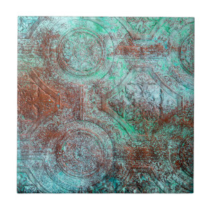 Azulejo De Cerâmica Cobre Com Patina Rústica E Turquesa