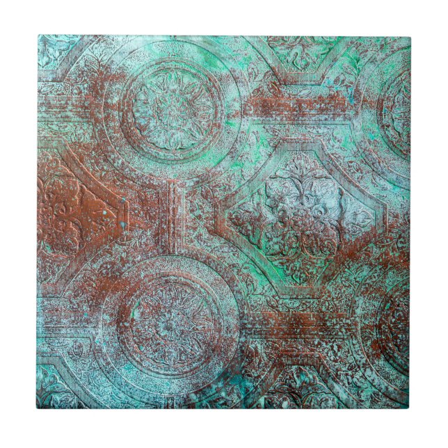 Azulejo De Cerâmica Cobre Com Patina Rústica E Turquesa (Frente)