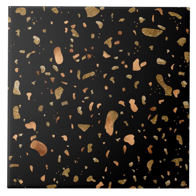 Azulejo De Cerâmica Cobre Dourado na pedra Black Terrazzo (Frente)