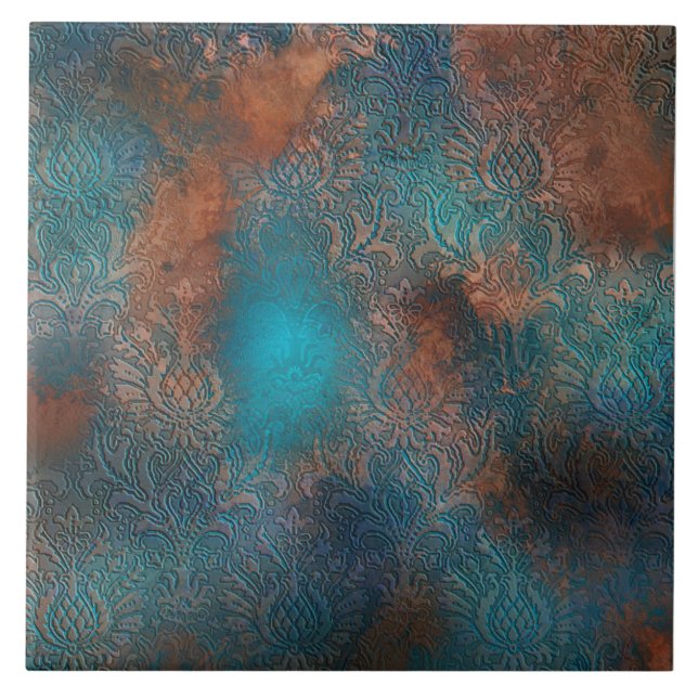 Azulejo De Cerâmica Cobre Patina Rusted Damask (Frente)