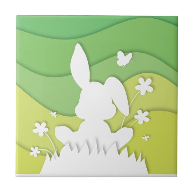 Azulejo De Cerâmica Coelhinho de Páscoa 3D papel cortado verde primave (Frente)