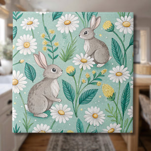 Azulejo De Cerâmica Coelhinhos Fofos Sentados Entre Margaridas Brancas