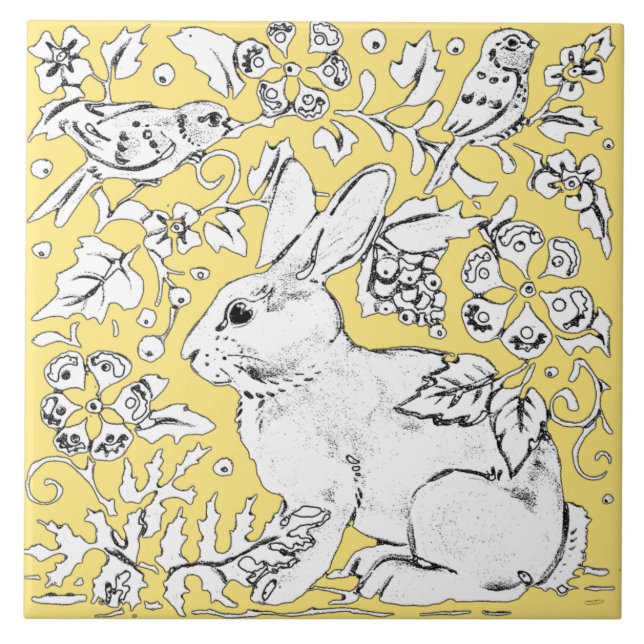 Azulejo De Cerâmica Coelho Bonito Desenho em Amarelo, Pássaro Floral (Frente)