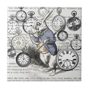Azulejo De Cerâmica Coelho Branco Alice Relógios Arte Mundo das Maravi