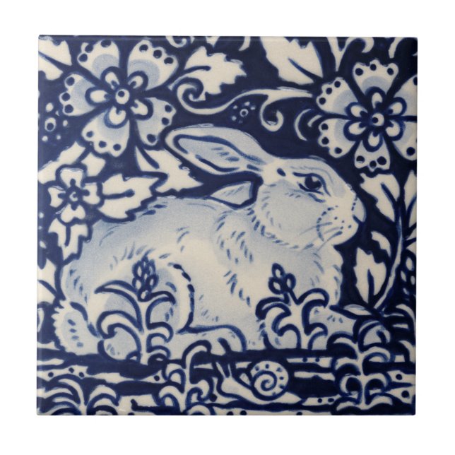 Azulejo De Cerâmica Coelho Branco Azul Caracol Chinoiserie Cobalt (Frente)
