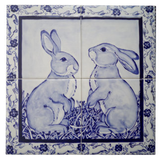 Azulejo De Cerâmica Coelho Branco e Azul Dedham Delft Whimsical